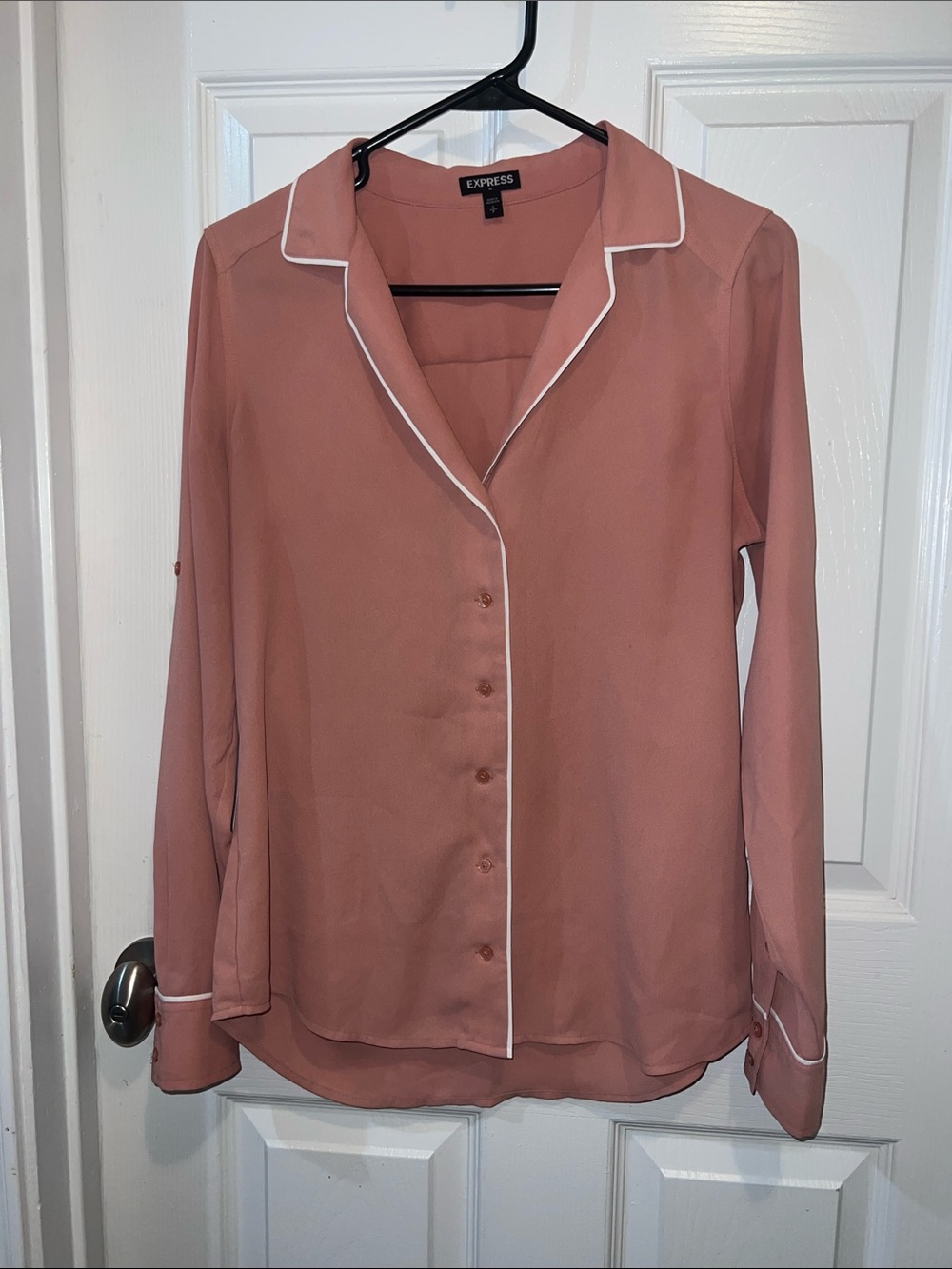 Express Pink Button-Front Blouse with White Trim